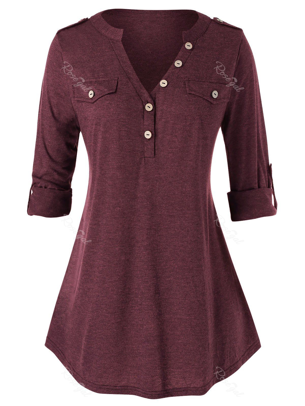 

Plus Size Buttons Roll Up Sleeve Heathered T Shirt, Red wine