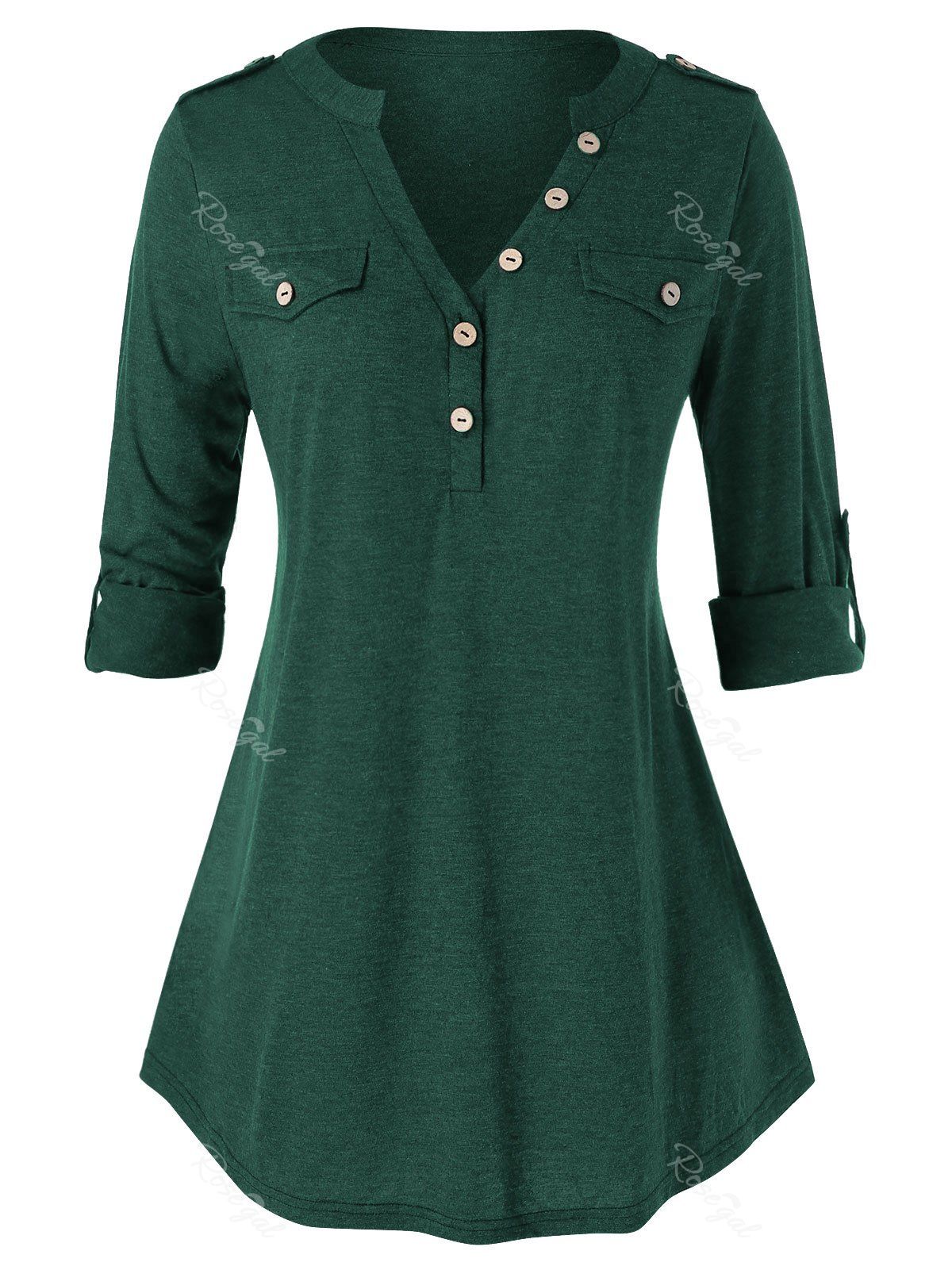 

Plus Size Buttons Roll Up Sleeve Heathered T Shirt, Deep green