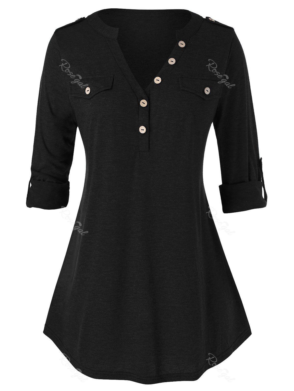 

Plus Size Buttons Roll Up Sleeve Heathered T Shirt, Black