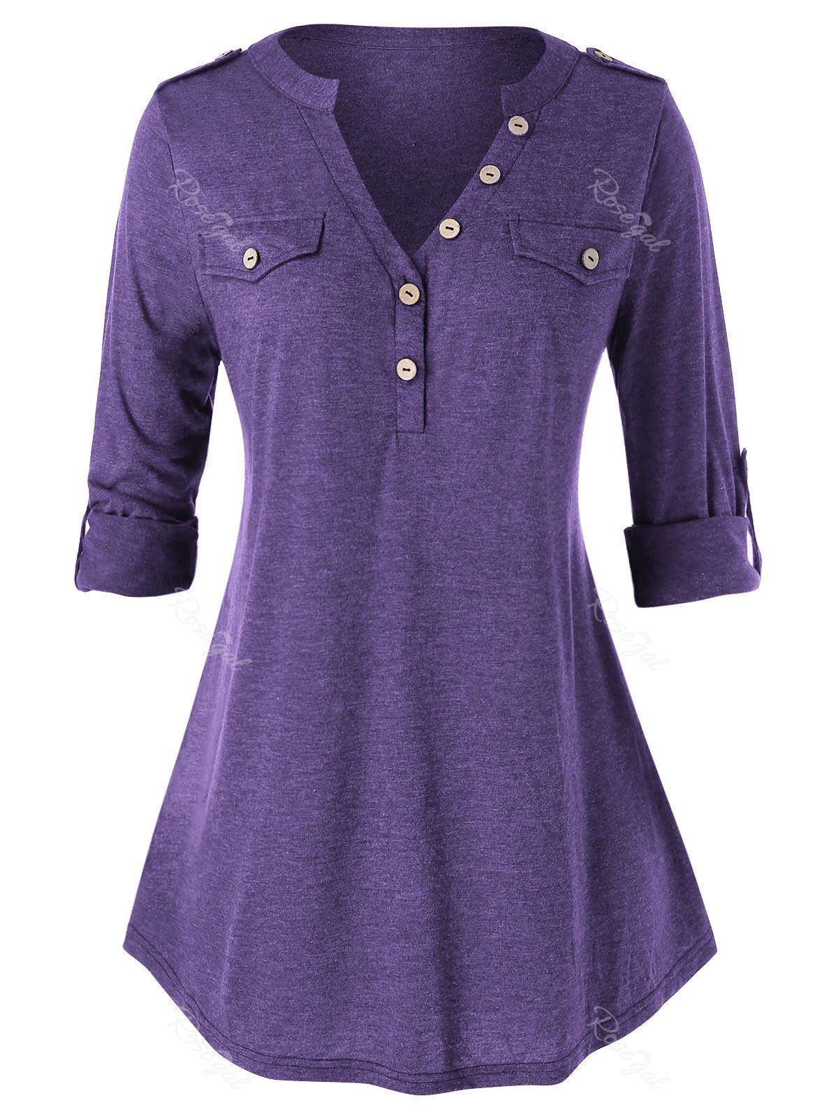 

Plus Size Buttons Roll Up Sleeve Heathered T Shirt, Purple iris