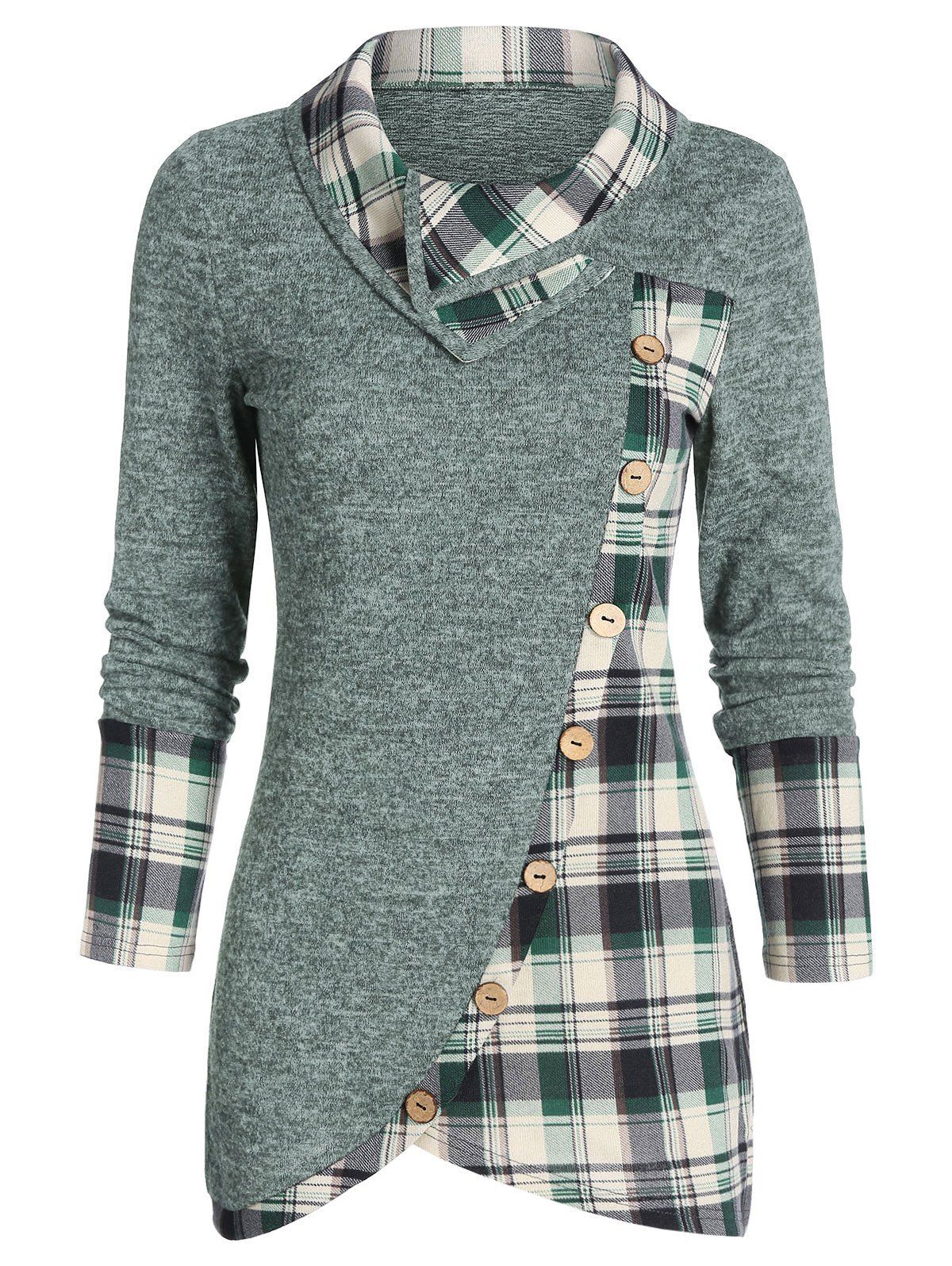 

Plaid Print Mock Button Overlap Tunic T-shirt, Medium forest green