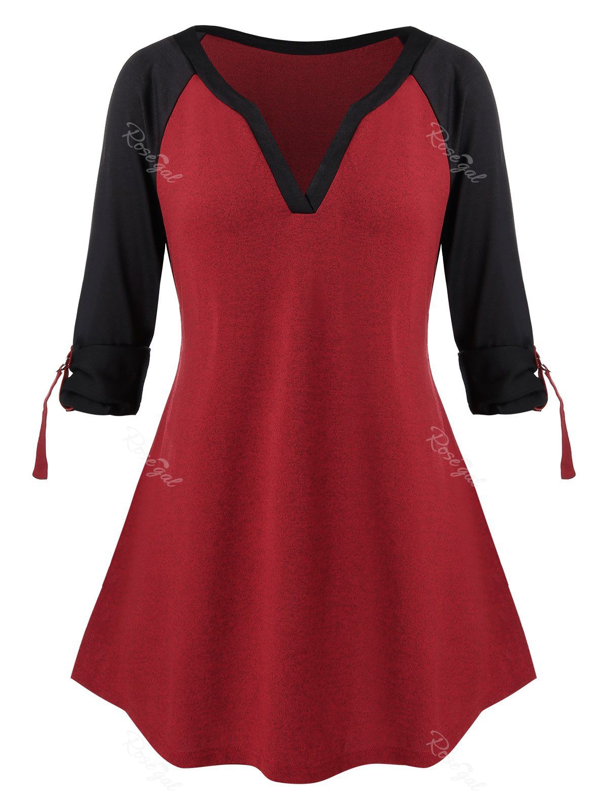 

Plus Size Splicing V Neck T-Shirt, Red wine