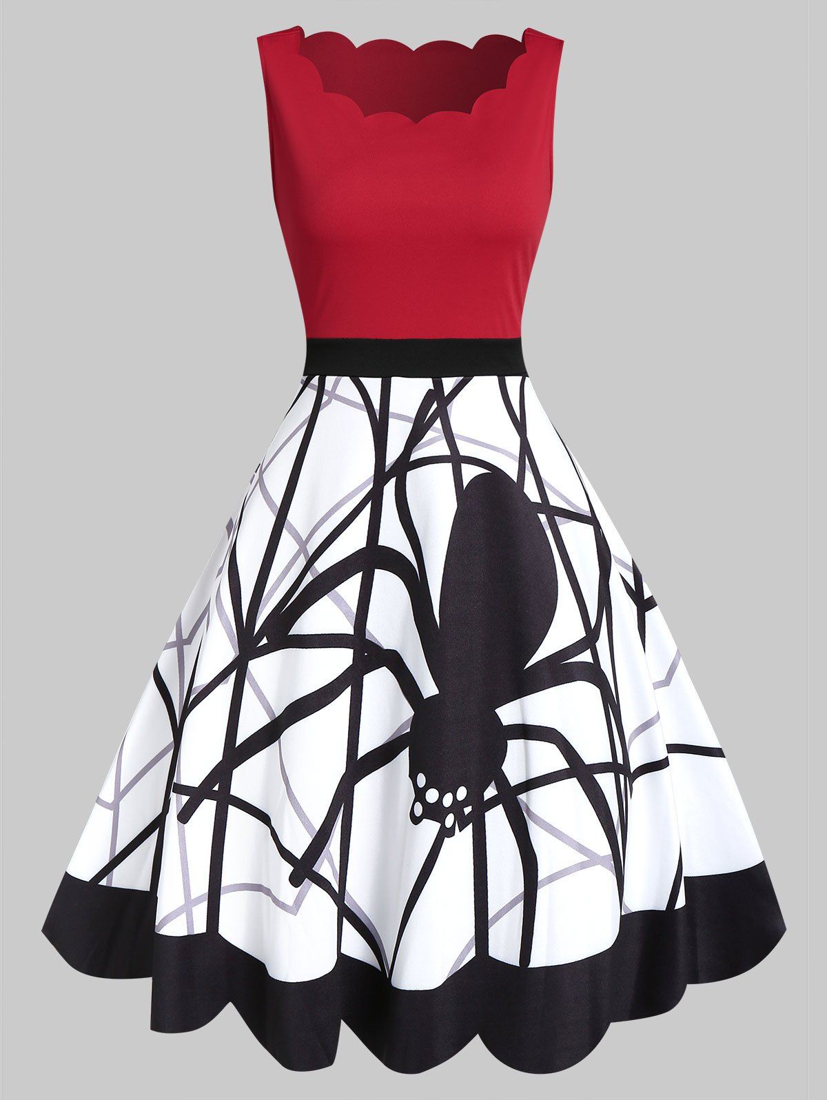 

Sleeveless Cartoon Spider Print Scalloped Skater Dress, Red