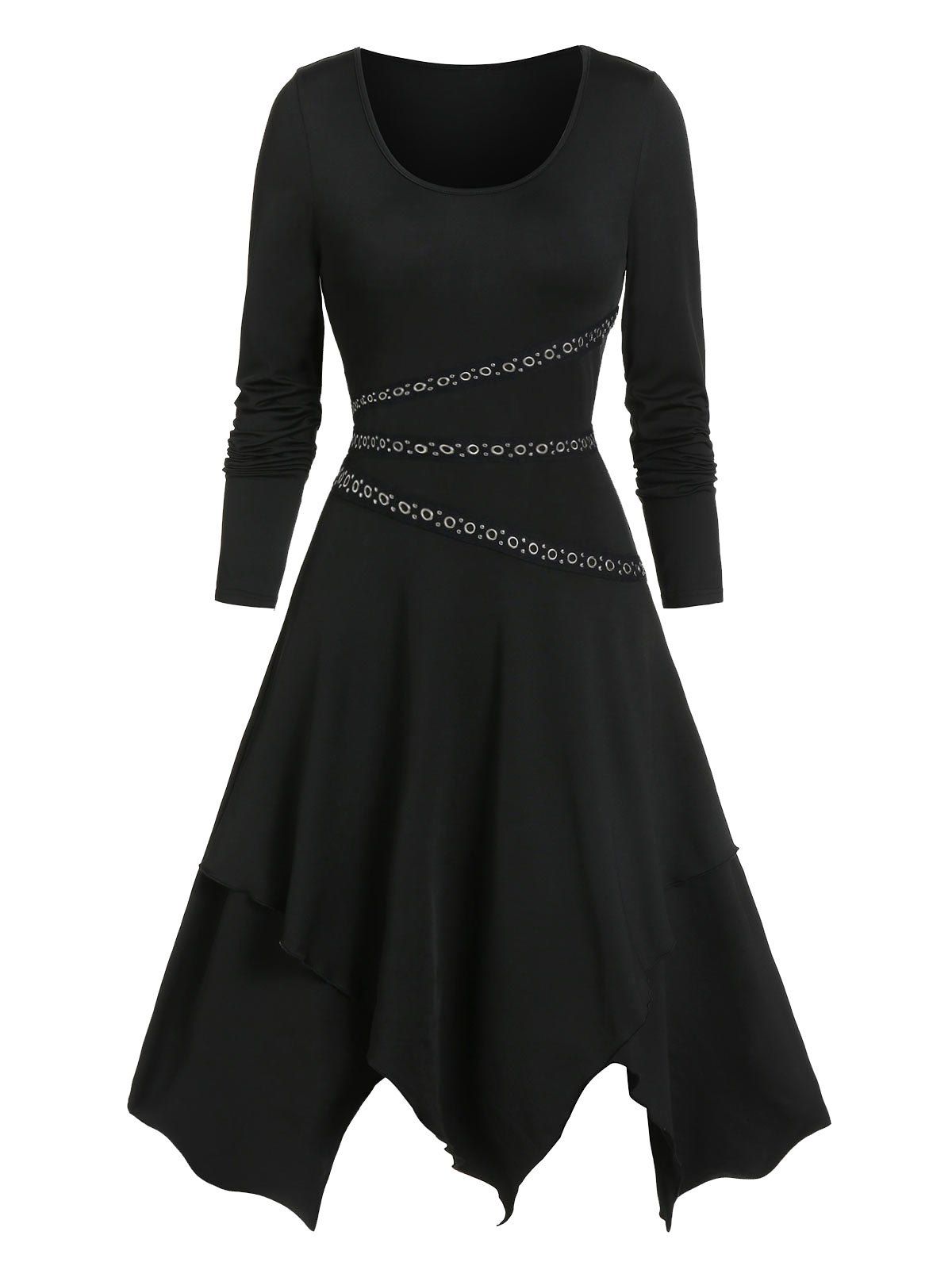 

Grommet Strap Asymmetric A Line Dress, Black