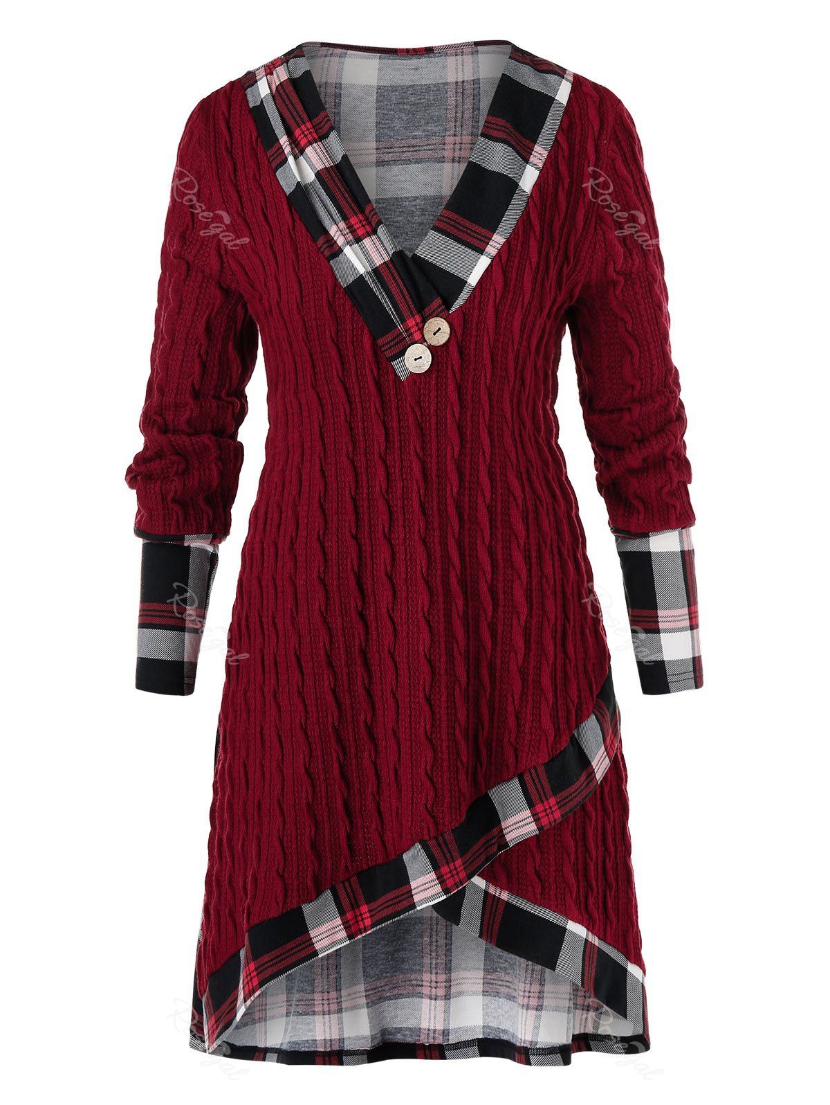 

Plus Size Plaid High Low Cable Knit Sweater, Red wine