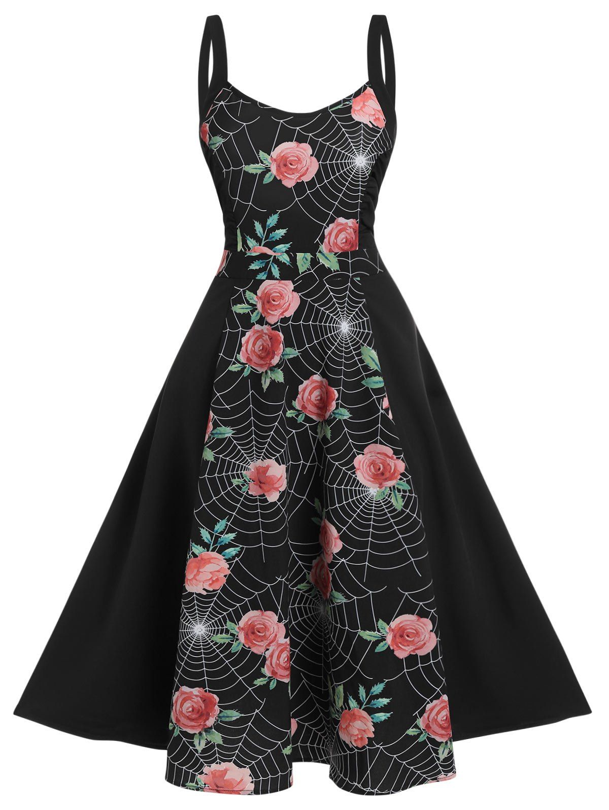 

Floral Spider Web Print Cami A Line Dress, Black