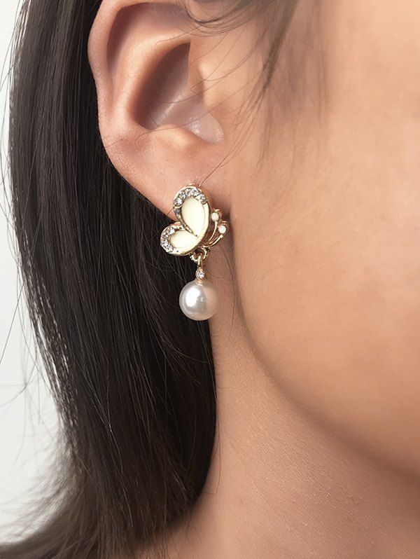 

Faux Pearl Rhinestone Butterfly Shape Stud Earrings, Gold