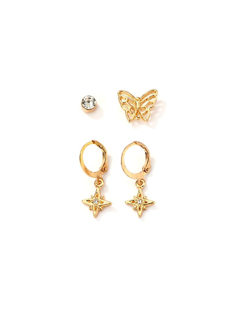 

Butterfly Star Hollowed Rhinestone Earring Set, Gold