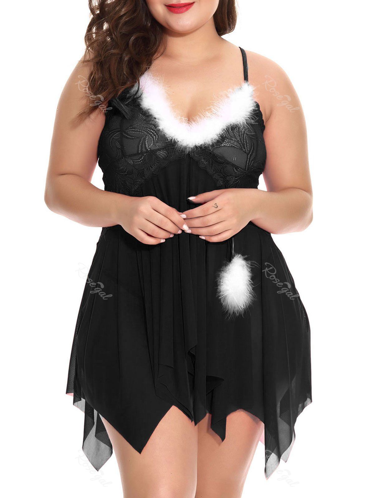 

Plus Size Christmas Feather Handkerchief Babydoll Set, Black