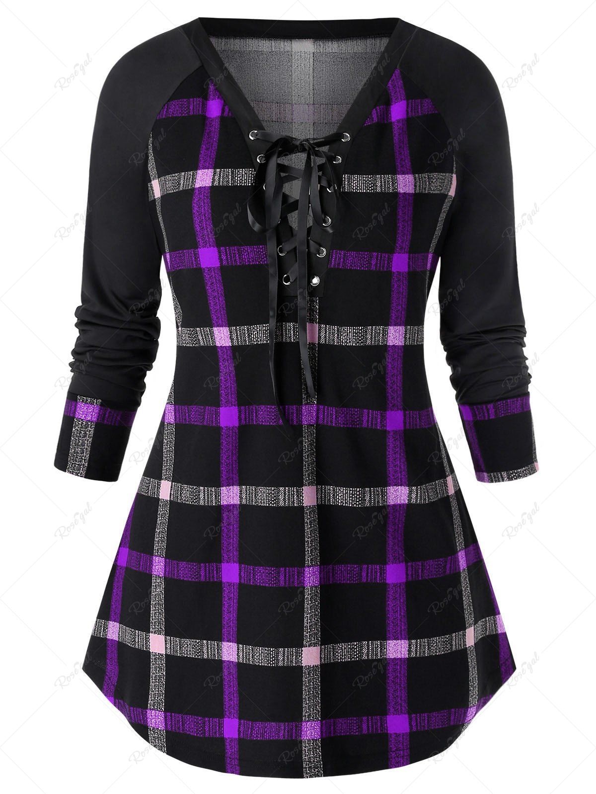 

Plus Size Raglan Sleeve Checked Tunic Sweatshirt, Purple