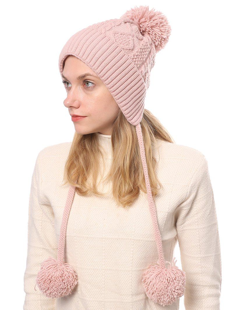 

Fuzzy Ball Cable Knit Solid Sweater Cap, Pink rose