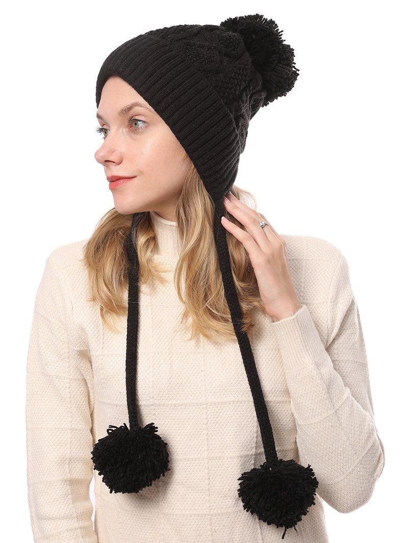 

Fuzzy Ball Cable Knit Solid Sweater Cap, Black