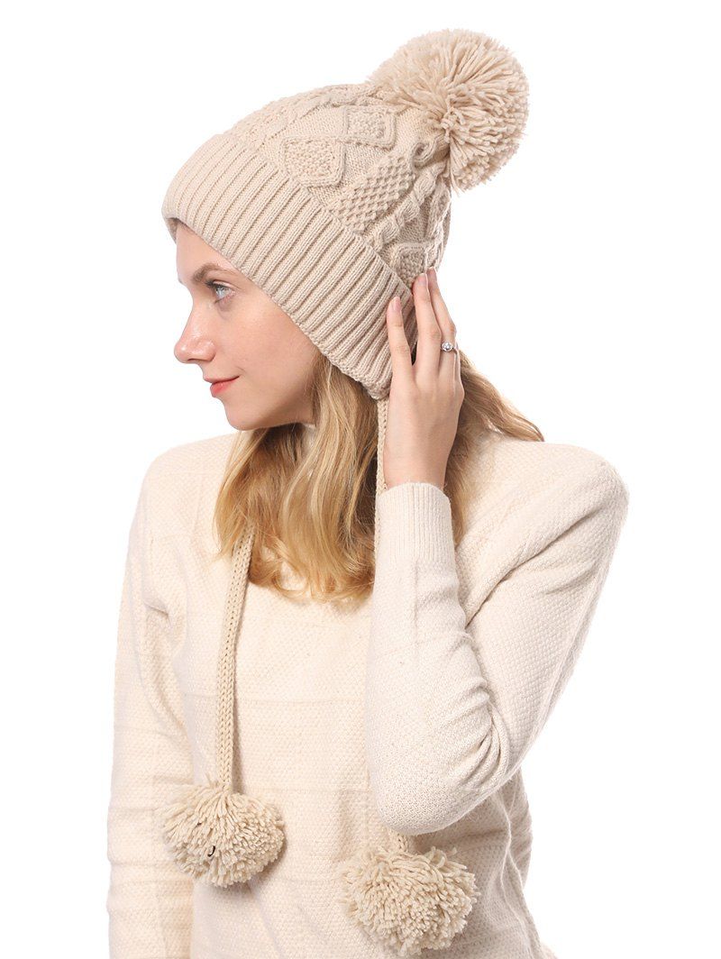 

Fuzzy Ball Cable Knit Solid Sweater Cap, Warm white