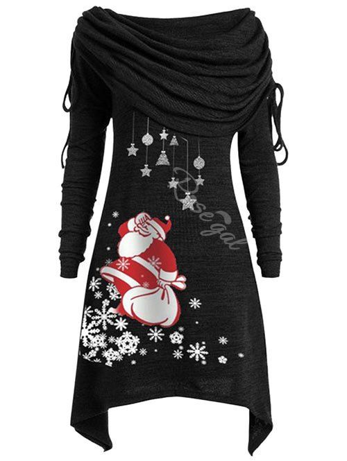

Plus Size Off Shoulder Santa Claus Print Asymmetric Christmas Dress, Black