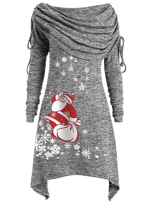 

Plus Size Off Shoulder Santa Claus Print Asymmetric Christmas Dress, Light gray