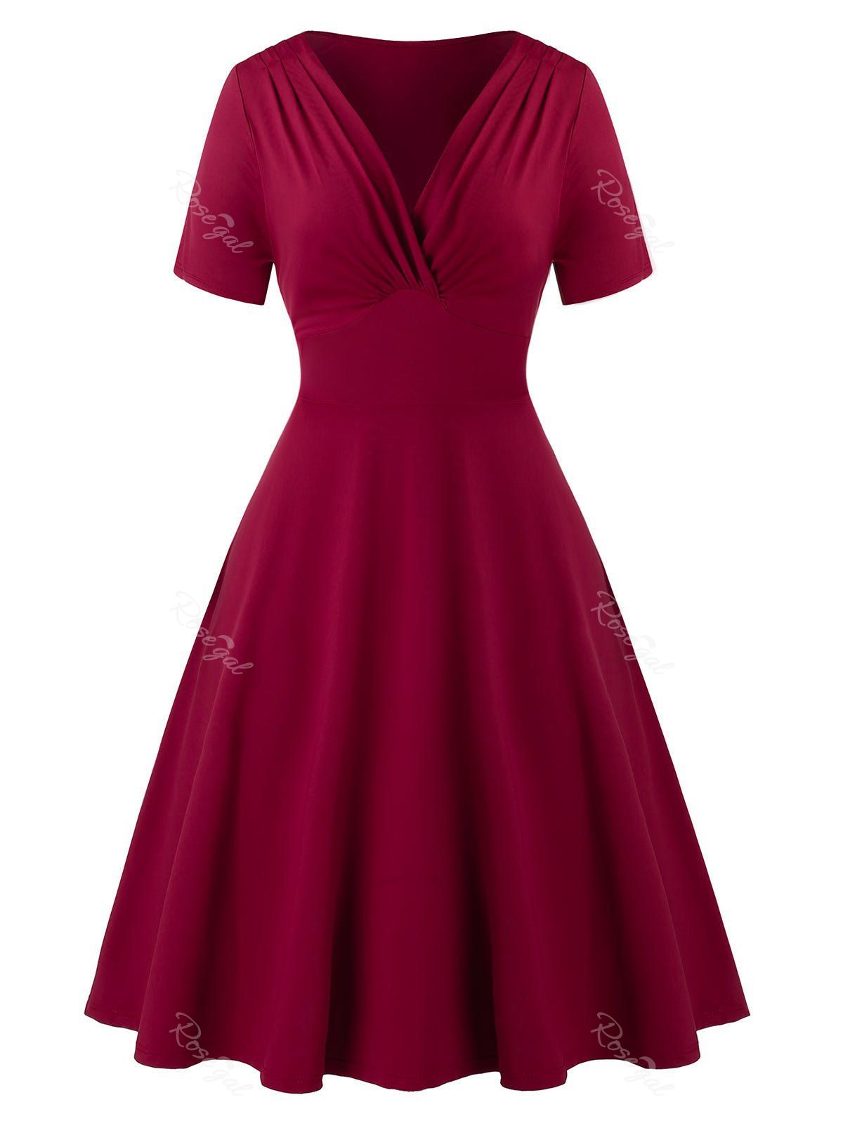 

Plus Size Surplice Ruched A Line Vintage Dress, Red wine