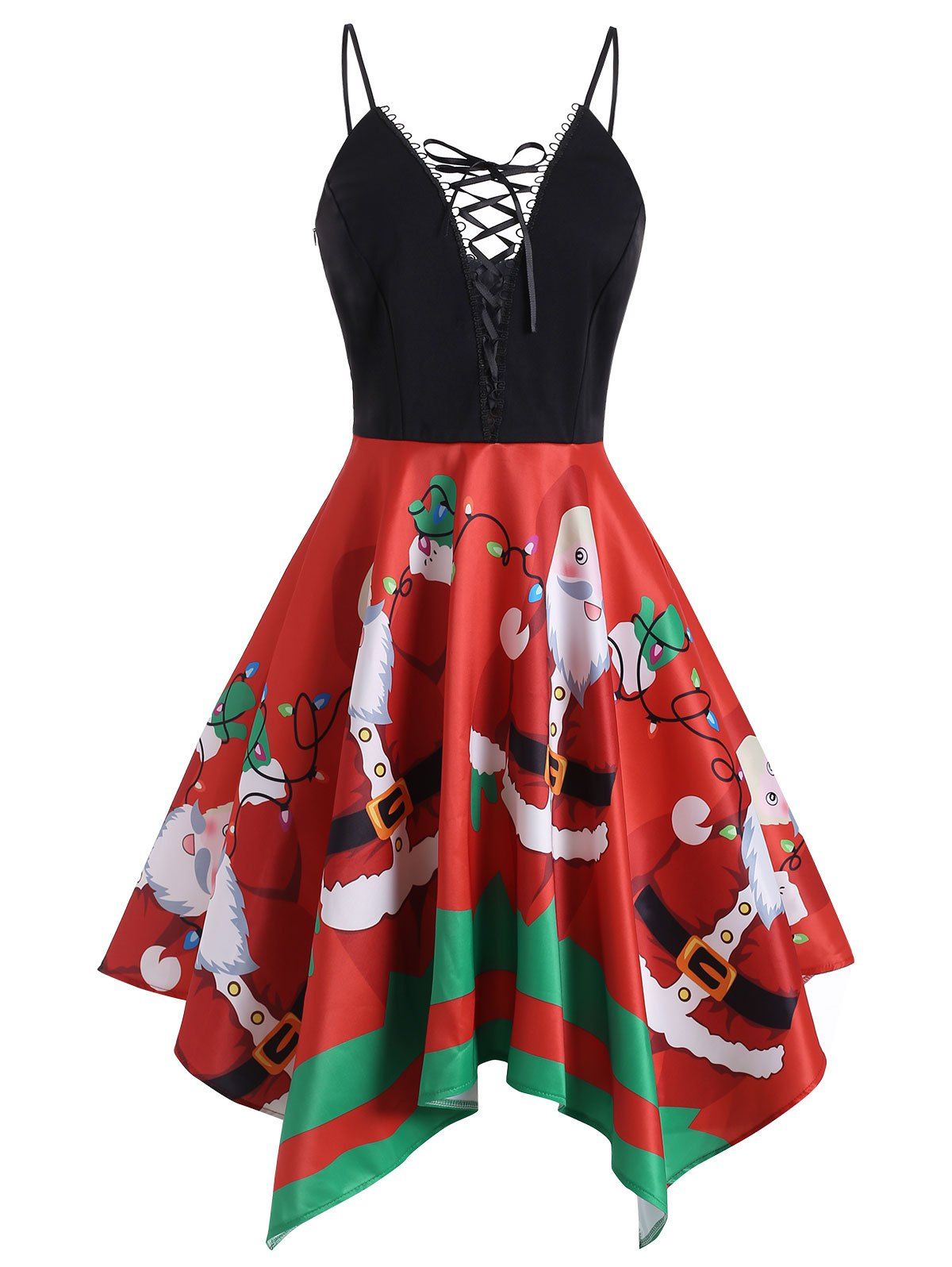 

Christmas Santa Claus Lace Up Asymmetrical Dress, Multi