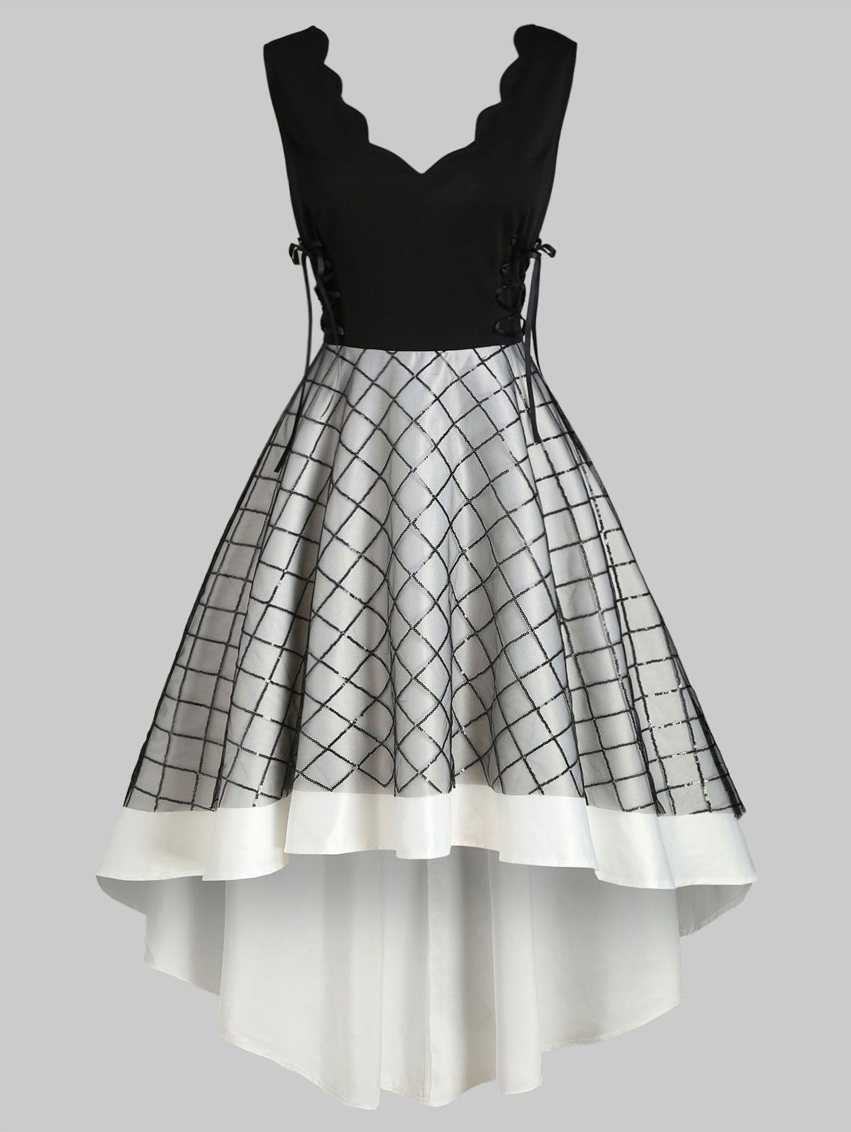 

Grid Sequined Dip Hem Lace Up Mesh Overlay Dress, Black