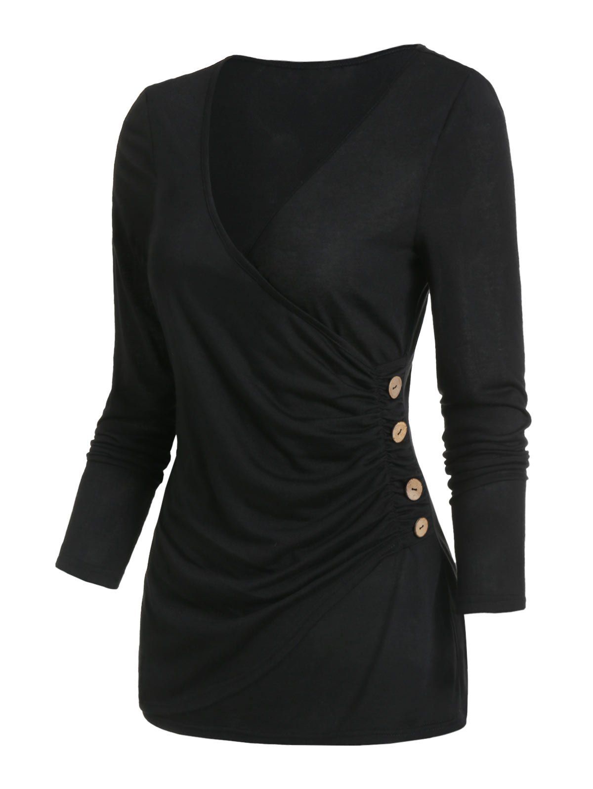 

Ruched Buttoned Surplice T Shirt, Black