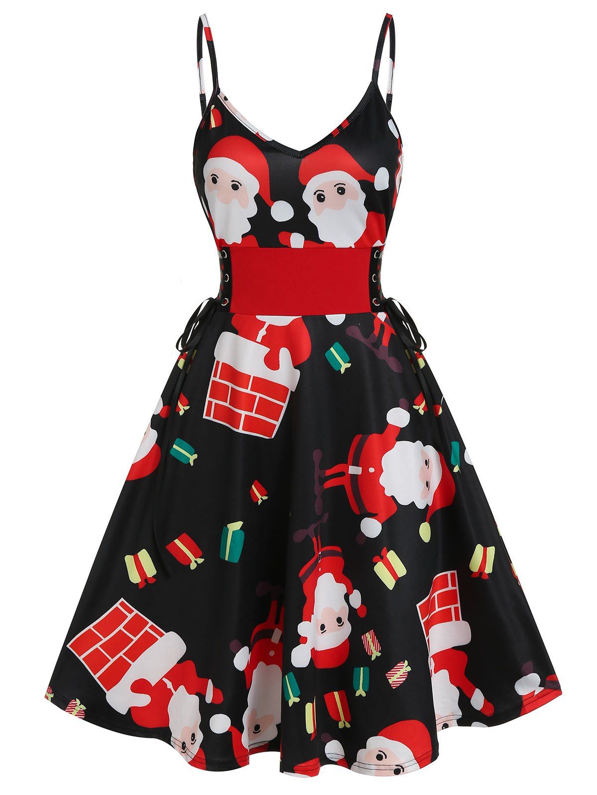 

Christmas Santa Print Corset Waist Cami Dress, Multi-a