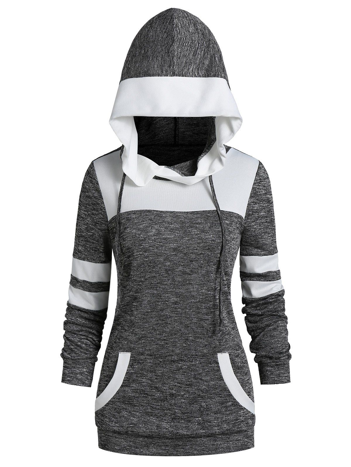 

Contrast Trim Front Pocket Heather Hoodie, Dark gray