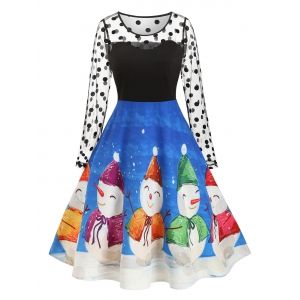 

Plus Size Flocking Swiss Dot Christmas Snowman Dress, Black