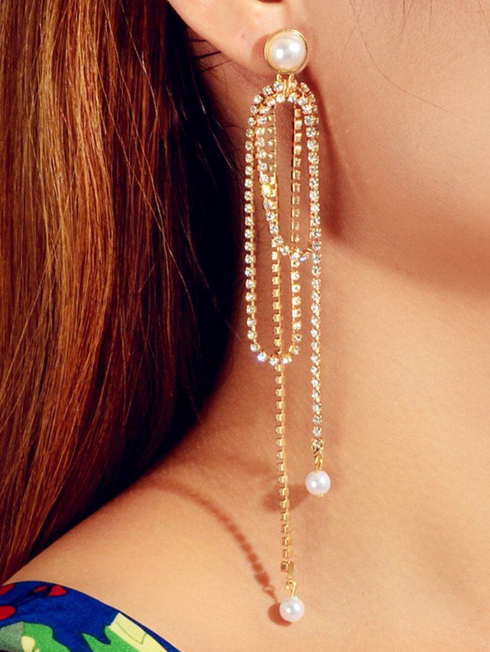 

Faux Pearl Rhinestone Chain Earrings, Gold