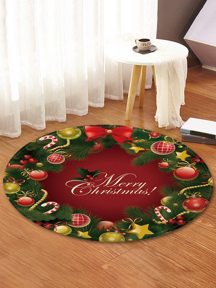 

Christmas Tree Decorations Pattern Round Area Rug, Red wine