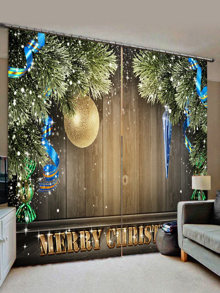 

2 Panels Christmas Tree Ball Wood Board Print Window Curtains, Camel brown