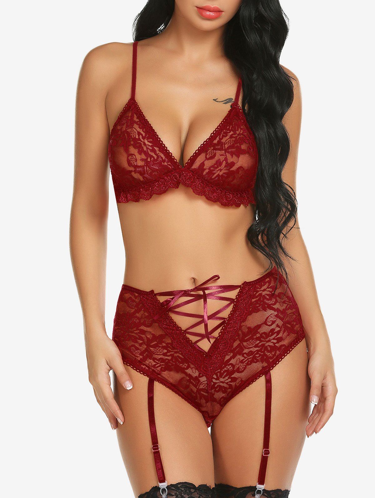 

See Through Lace Garter Bra Set, Red wine