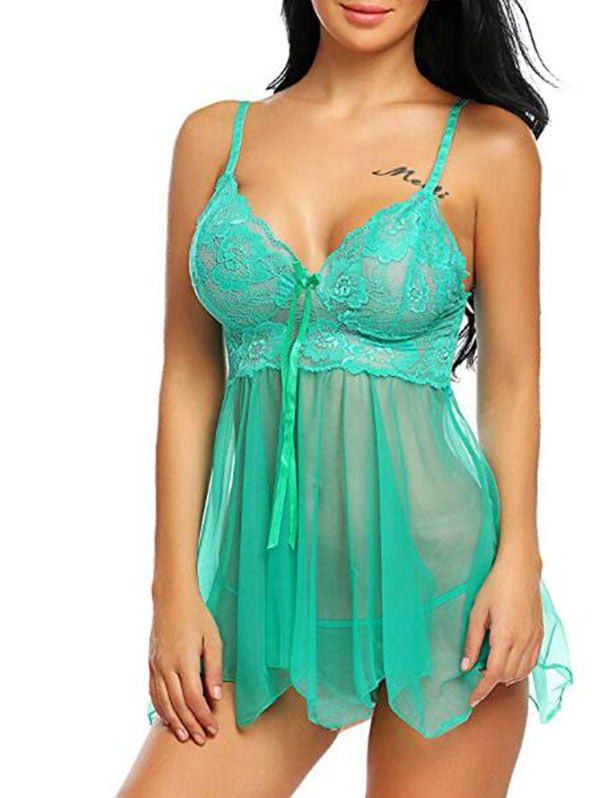 

Lace Panel Sheer Mesh Babydoll Set, Celeste