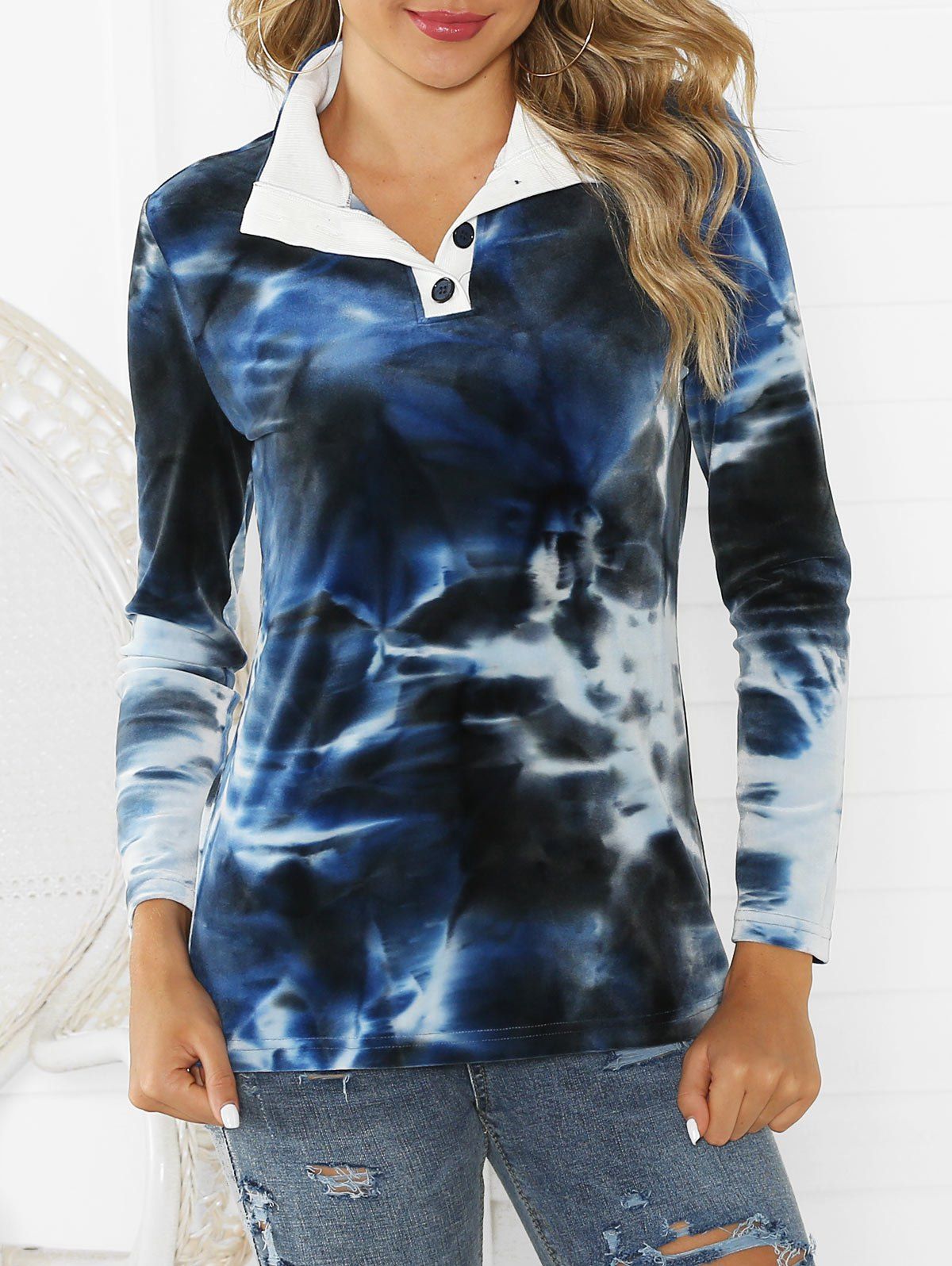 

Velvet Tie Dye Button Placket Sweatshirt, Denim dark blue