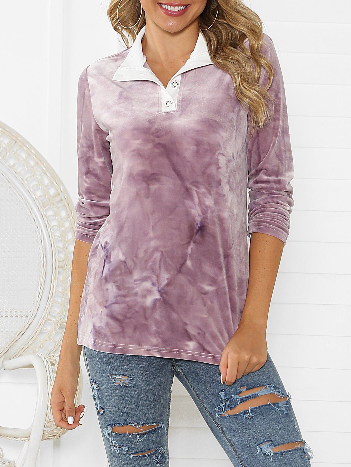 

Velvet Tie Dye Button Placket Sweatshirt, Lilac