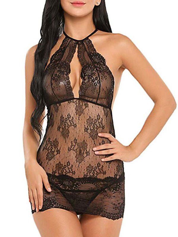 

Cut Out Lace Bodycon Babydoll Set, Black