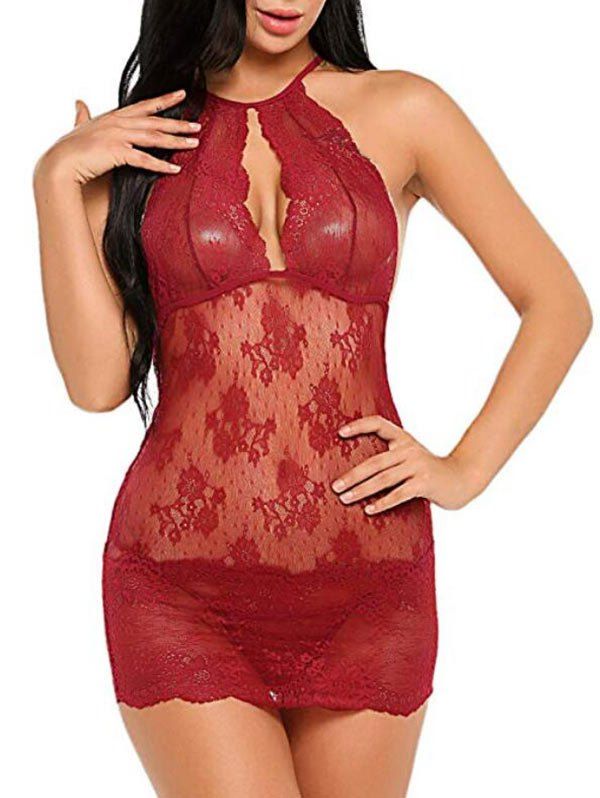 

Cut Out Lace Bodycon Babydoll Set, Red wine