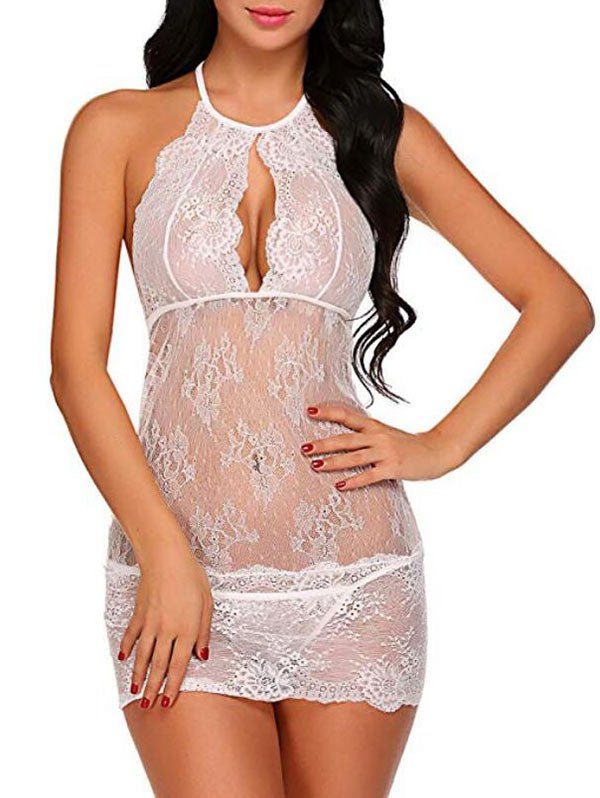

Cut Out Lace Bodycon Babydoll Set, White