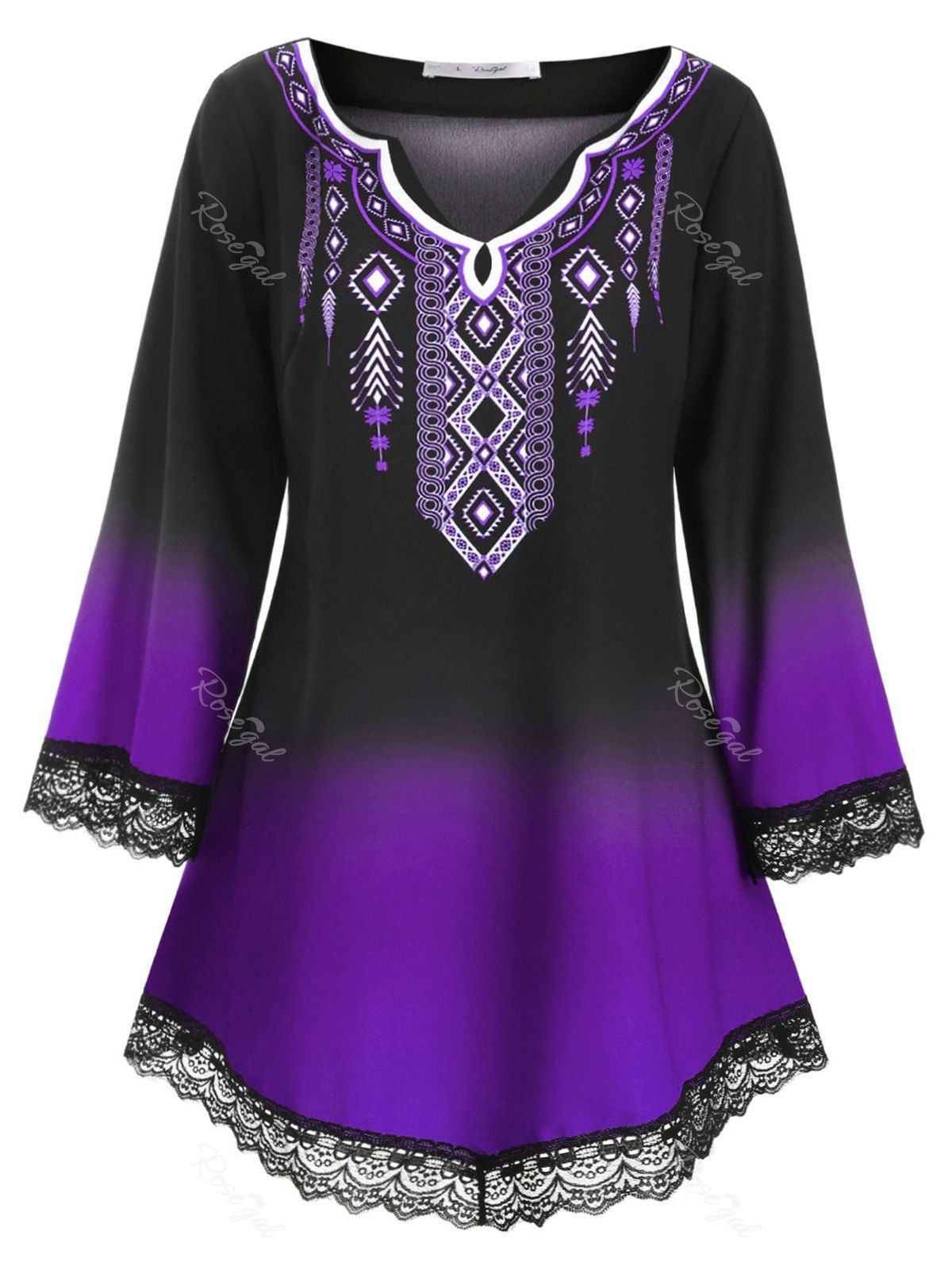 

Longline Printed Scalloped Lace Panel Plus Size Blouse, Purple