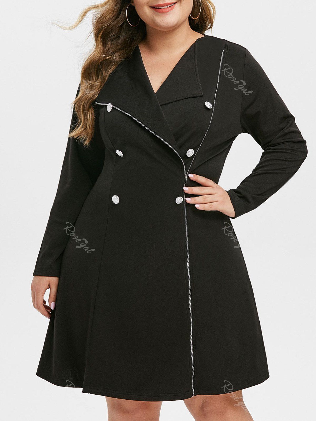 

Plus Size Inclined Zipper Button Embellished Dress, Black