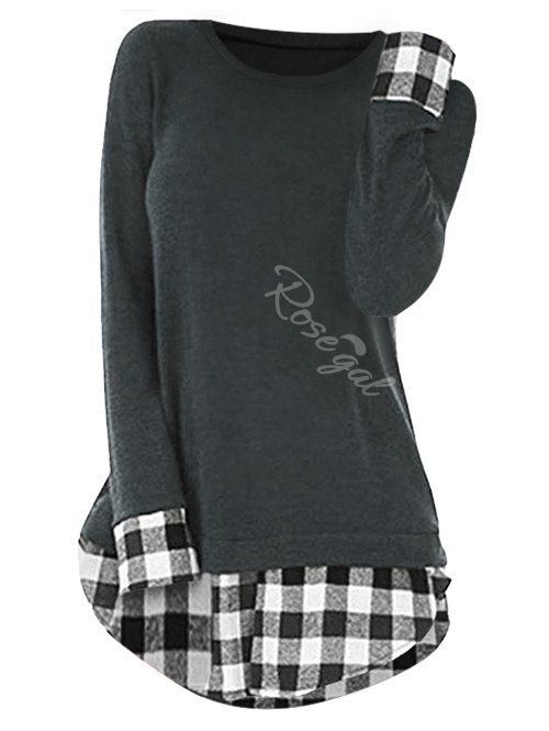 

Plus Size Plaid Insert Slit Longline T-shirt, Black