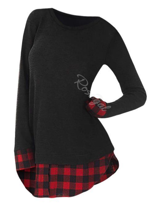 

Plus Size Plaid Insert Slit Longline T-shirt, Red