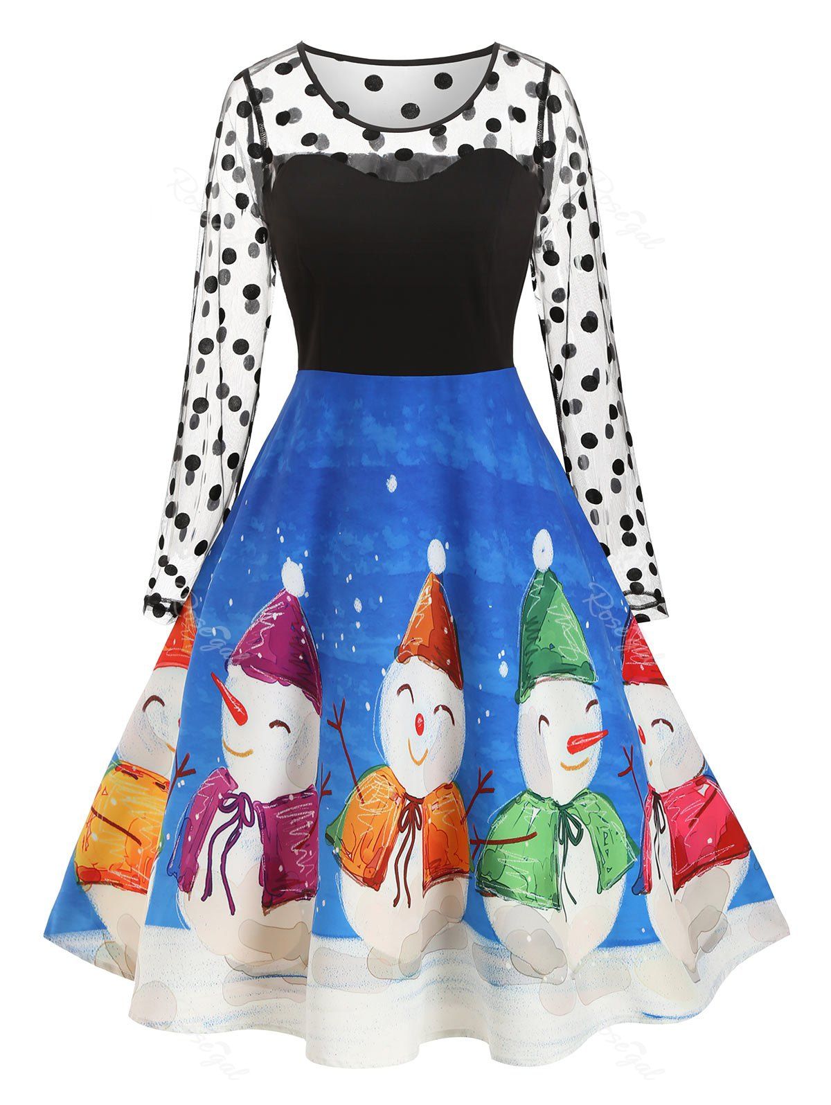 Trendy Plus Size Flocking Swiss Dot Christmas Snowman Dress  
