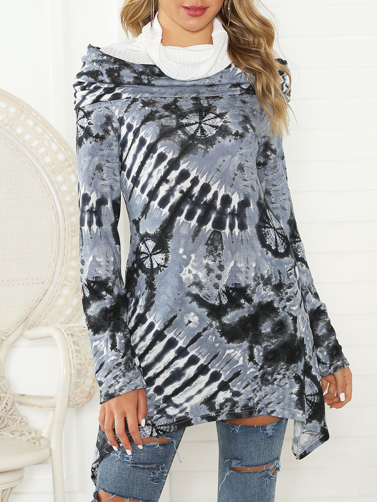 

Tie Dye Asymmetrical Cowl Neck Sweatshirt, Denim dark blue