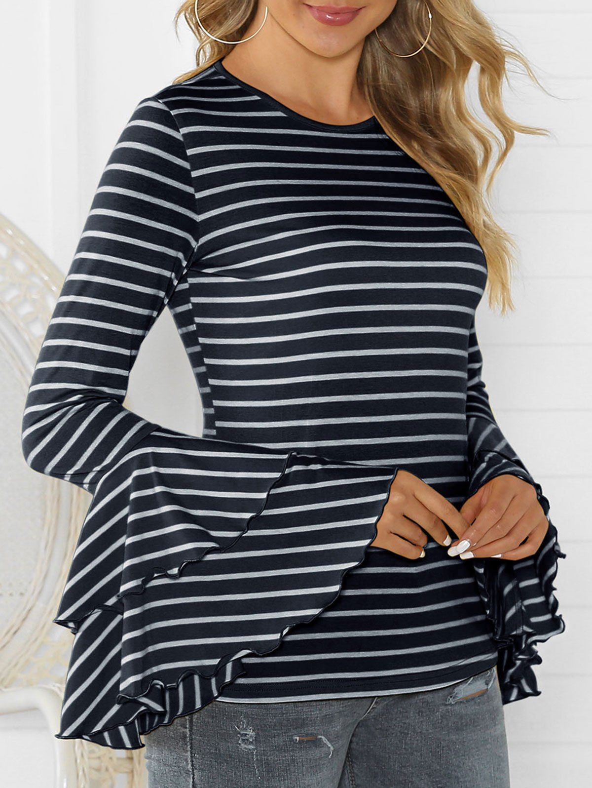 

Striped Bell Sleeve Layered Tee, Cadetblue