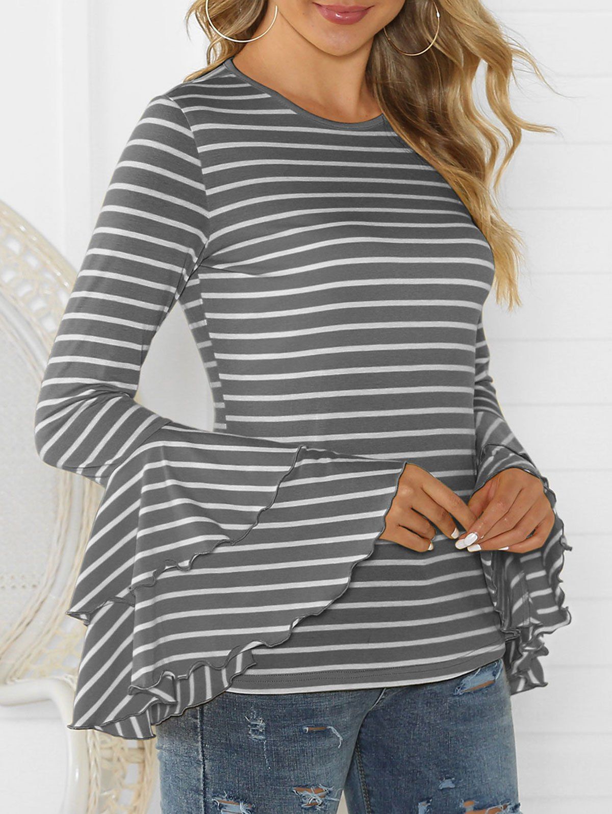 

Striped Bell Sleeve Layered Tee, Gray