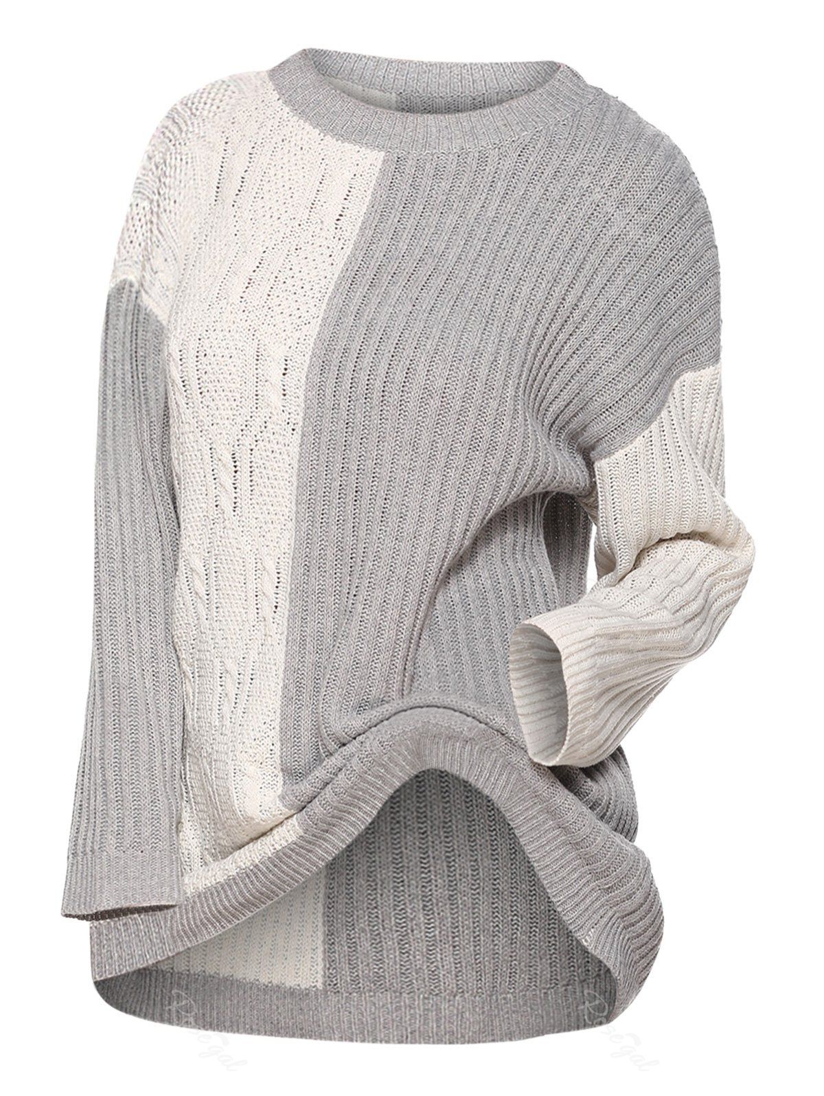 

Two Tone Crew Neck Drop Shoulder Plus Size Sweater, Light gray