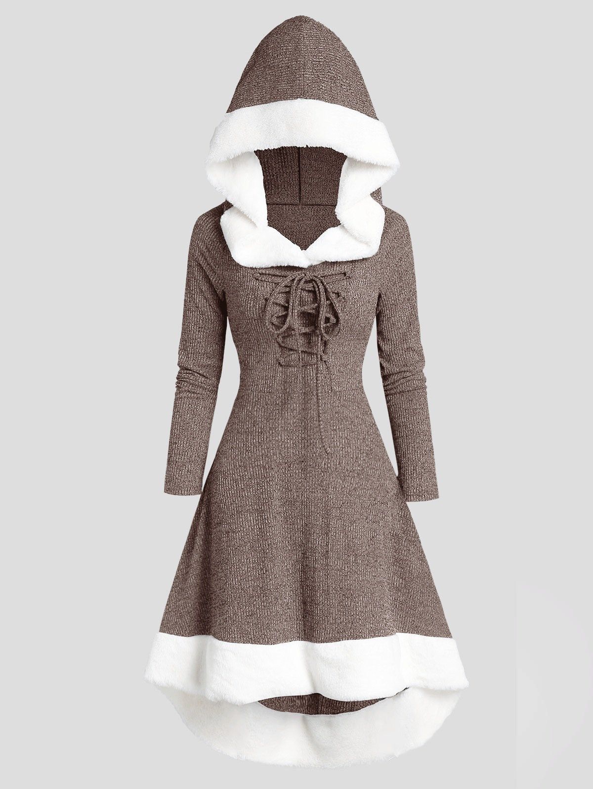 

Lace Up Hooded Marled Faux Fur Panel Dress, Coffee