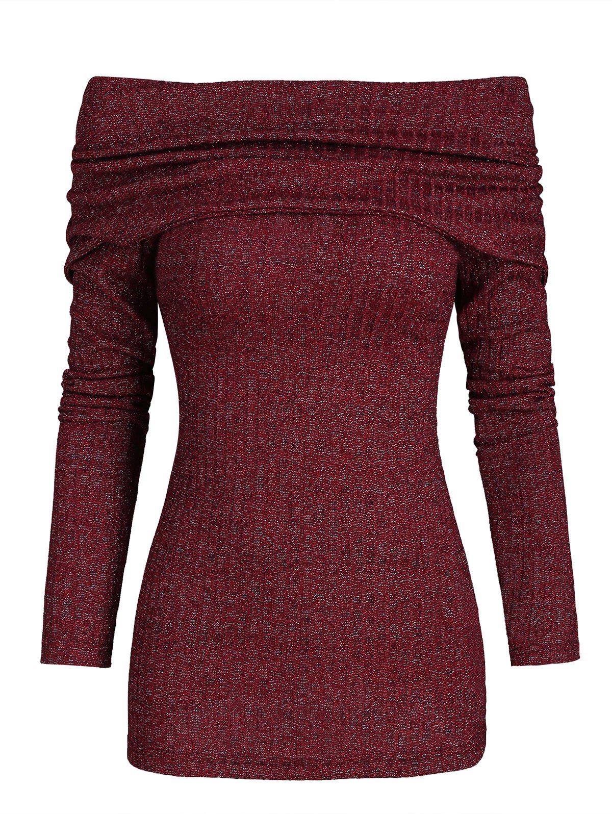 

Folded Cowl Neck Bowknot Metallic Thread Knitwear, Red wine
