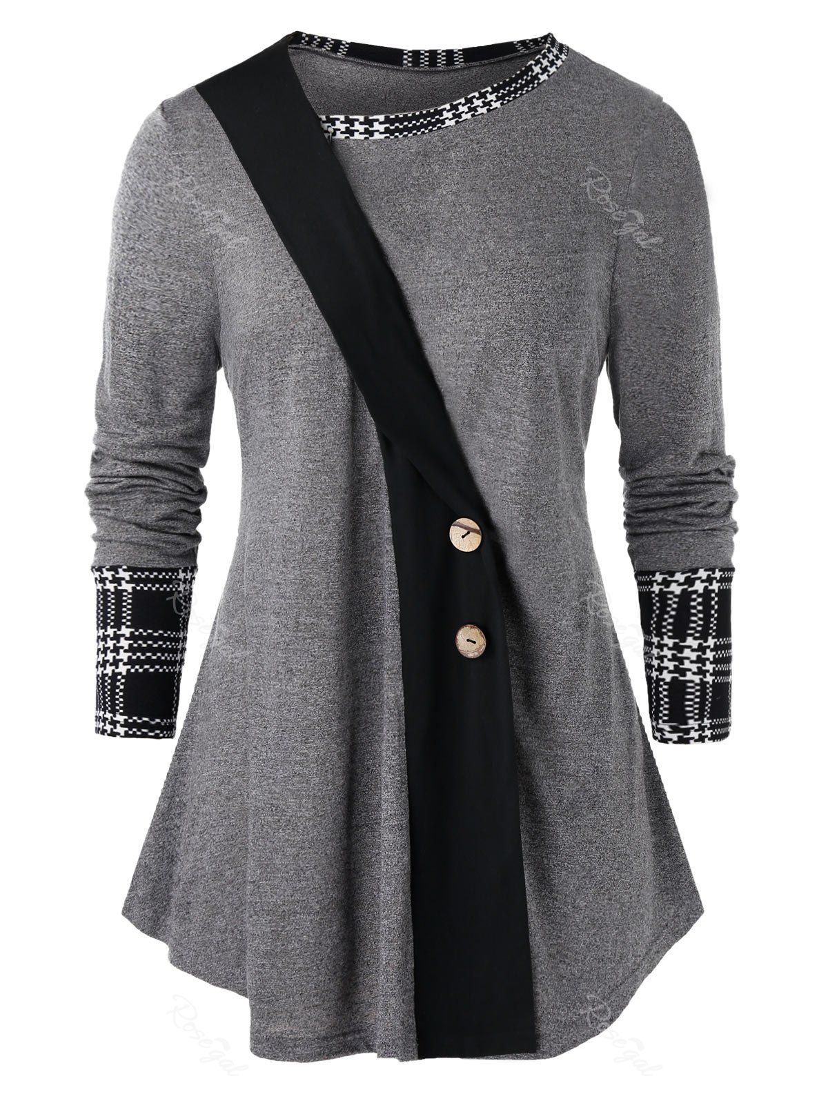 

Plus Size Plaid Panel Curved Skew Collar Tunic Tee, Multi