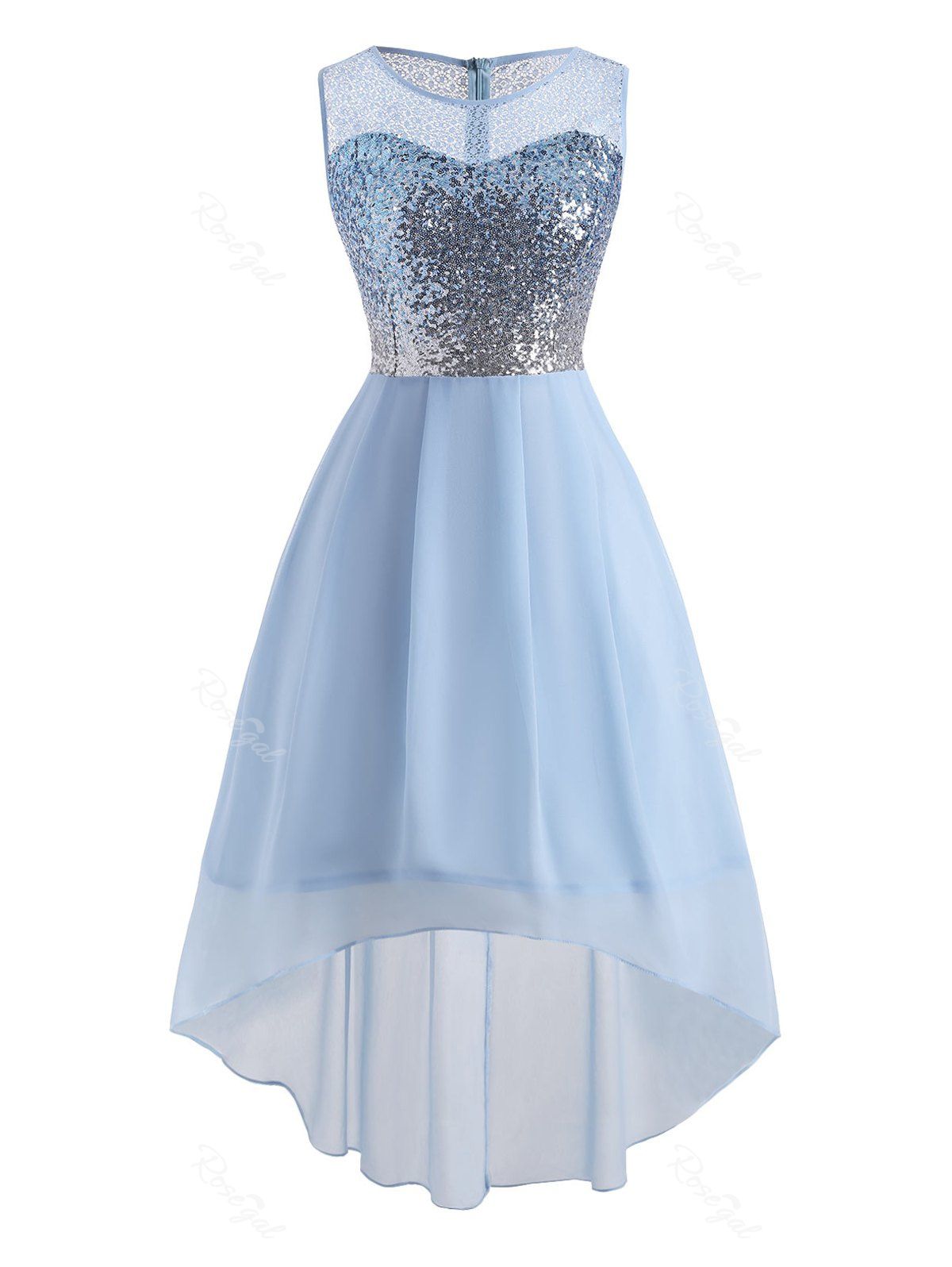 

Lace Panel High Low Random Sequined Plus Size Dress, Blue