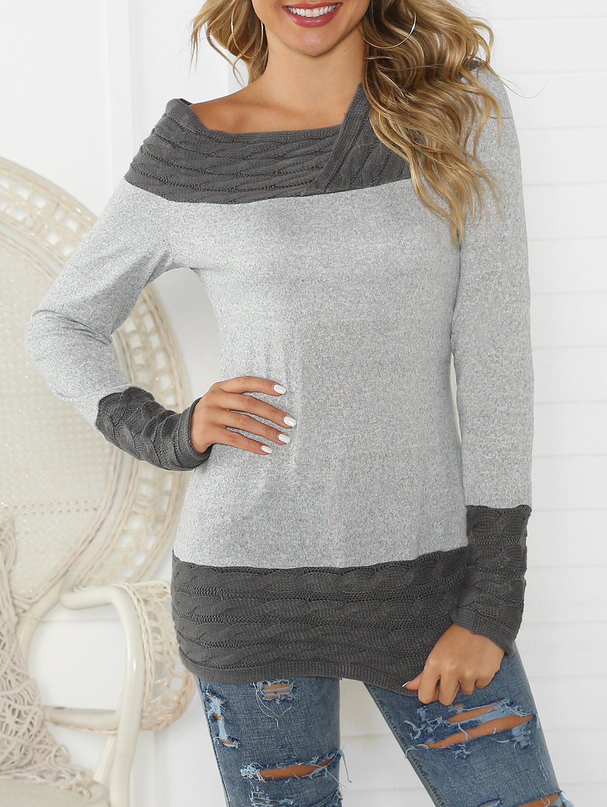 

Cable Knit Contrast Long Sleeves Knitwear, Gray